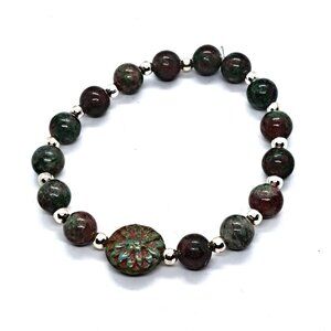 Czech Glass focal beaded stretch bracelet silver tone jasper NEW